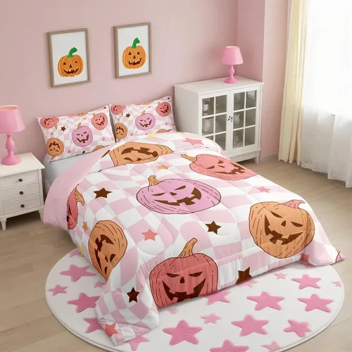 Vista 10 de Feelyou Juego de edredón de calabaza para todas las estaciones, decoración de Halloween, juego de ropa de cama con 1 funda de almohada, microfibra
