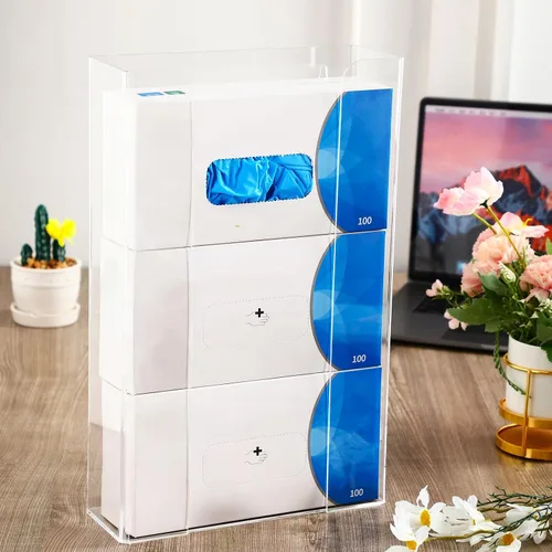 Vista 7 de 2 piezas de soporte de acrílico para guantera, dispensador de guantes para montaje en pared, dispensador de máscaras flotante de pared para guantes