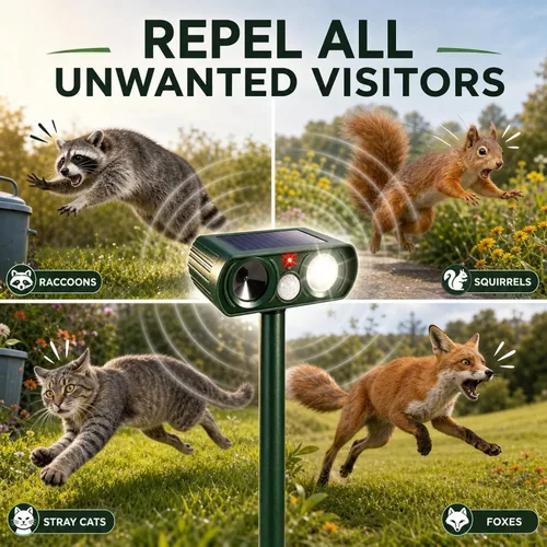 Vista 3 de Repelente de animales ultrasónico solar actualizado 2026 para exteriores, dispositivos repelentes de gatos y ciervos, dispositivos de disuasión