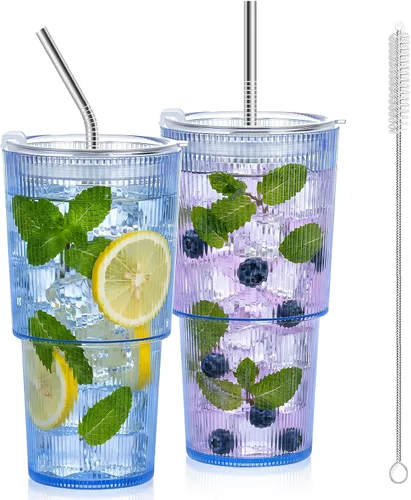 Vista 25 de 2 vasos de plástico de 15 onzas con tapas y pajita, tazas de plástico reutilizables para café helado, a prueba de fugas, vasos de viaje para café