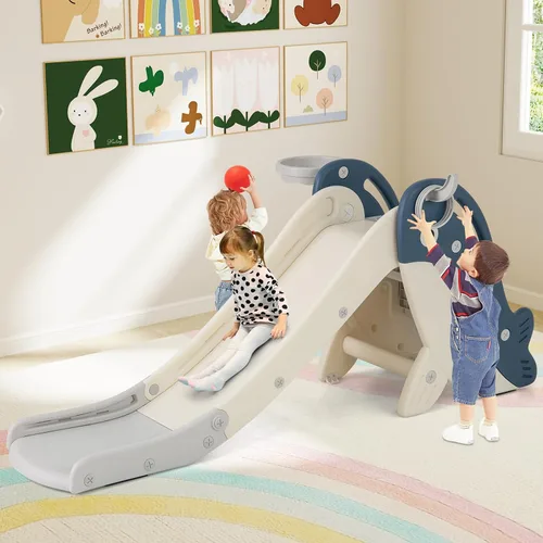 Vista 9 de BABY JOY Tobogán plegable para niños pequeños, juego independiente de escalador para bebés con aro de baloncesto, juego de tobogán para niños