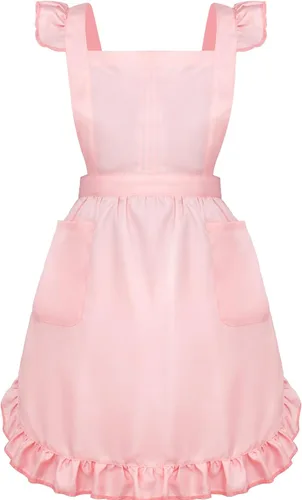 Vista 21 de Geyoga Delantales para mujeres con bolsillos Cocina Cocinando Camarera Sirvienta Delantal Falda Vintage Lindo Volantes Vestido Disfraz, Blanco