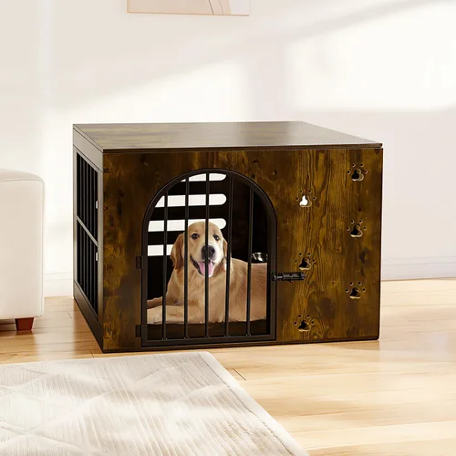 Vista 8 de Mueble de jaula para perros pequeños y medianos, perrera de metal de madera resistente para interiores con cuencos, jaula decorativa para mascotas