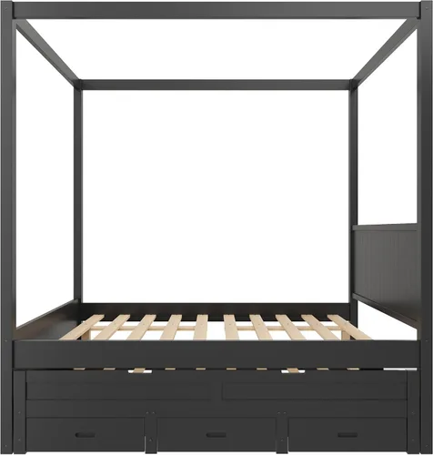 Vista 6 de Wood Canopy Platform Bed Full with Headboard, Trundle and 3 Drawers Negro-8.1