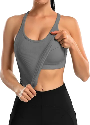 Vista 147 de ATTRACO Camiseta corta acanalada de entrenamiento para mujer con brasier integrado para yoga, espalda cruzada, ajuste ajustado