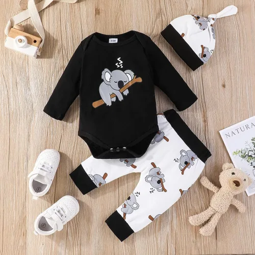 Vista 2 de Conjunto de ropa para bebé recién nacido, con estampado de koala, manga larga, pantalones largos, gorro, 3 piezas, para otoño e invierno