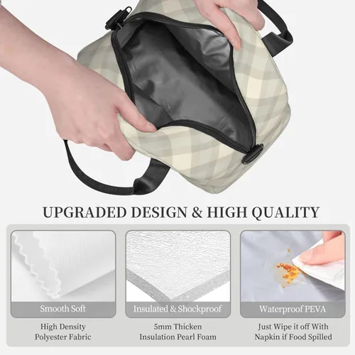 Vista 4 de Bolsa de almuerzo con diseño de gato negro a cuadros, reutilizable, aislada, bolsa de almuerzo con correa de hombro ajustable para oficina, trabajo