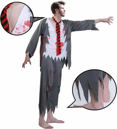 Vista 3 de Phedrew Disfraz de zombi sangriento para hombre, incluye camiseta, pantalones, sombrero y parche en los ojos, disfraz de terror de Halloween