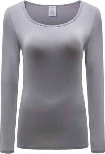Vista 16 de OThread & Co. Camiseta de manga larga con cuello redondo para mujer, capa básica, de elastano Albaricoque