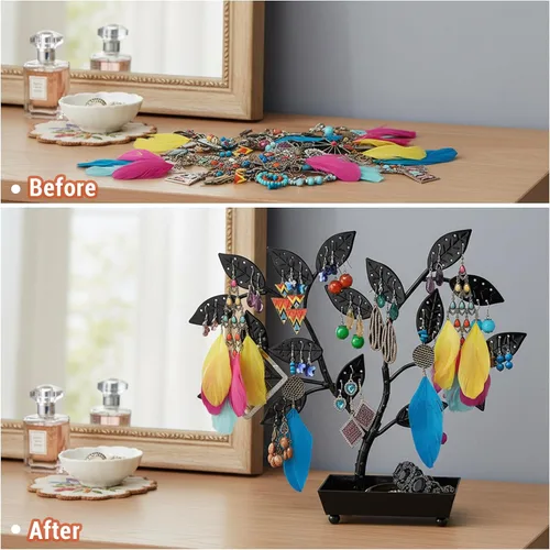 Vista 3 de MyGift - Árbol para colgar joyas, aretes y collares con charola para anillos., Metal, Negro, S