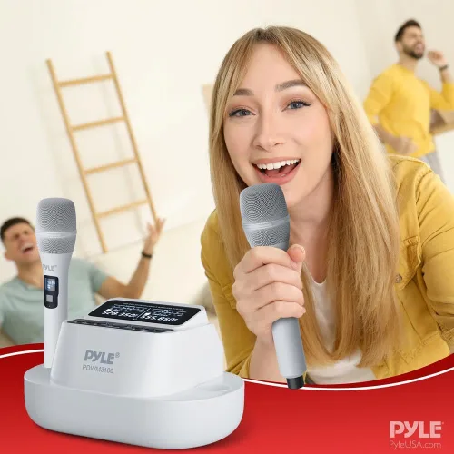 Vista 8 de Pyle Sistema de micrófono inalámbrico UHF con micrófonos de mano duales, recargable por USB, receptor de frecuencia fija Bluetooth, audio DSP