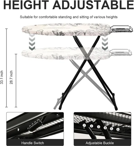Vista 4 de Tabla de planchar, tabla de planchar plegable, altura ajustable, tabla de hierro compacta, tubo de acero grueso con soporte, funda de tela