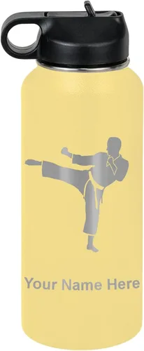 Vista 63 de Botella de agua personalizada LaserGram, Karate Man, de acero inoxidable con aislamiento al vacío de doble pared con tapa abatible, regalo grabado