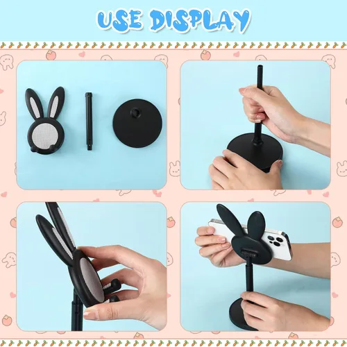 Vista 4 de Kathfly Paquete de 2 bonitos soportes para teléfono, soporte ajustable para teléfono de conejito para escritorio, soporte Kawaii, accesorios