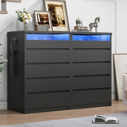 Vista 8 de Jocoevol - Cómoda más grande negra de 5 cajones para dormitorio con luz LED, cómoda moderna de madera con tiradores ocultos, cómoda alta para sala