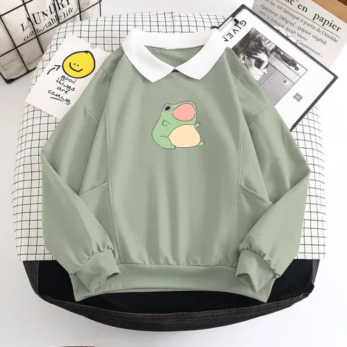 Vista 2 de KIEKIECOO Linda sudadera estética de rana para adolescentes y niñas, sudadera con capucha con gráficos de dibujos animados Kawaii para mujer