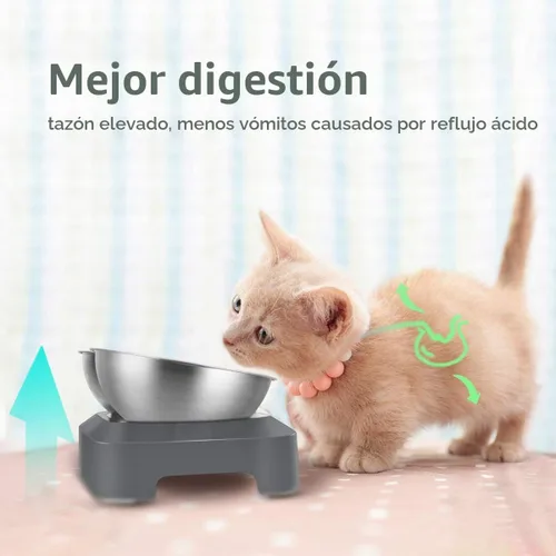 Vista 2 de Tazón de comida para gatos de acero inoxidable AYADA, diseño ergonómico de 15 ángulos, reduce el vómito Doble
