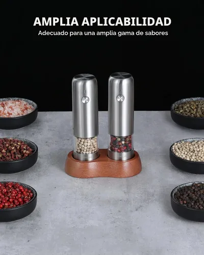 Vista 2 de FORLIM Mini Molinillo Eléctrico de Sal y Pimienta con Base de Madera, Recargable por USB, Pequeño Molinillo Automático de Sal y Pimienta