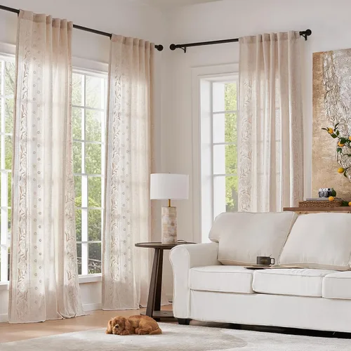 Vista 2 de jinchan Cortinas de lino floral marfil para sala de estar 84" pestaña