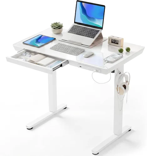 Vista 12 de Claiks Escritorio de pie pequeño de cristal con cajones y puertos USB 32x19 negro