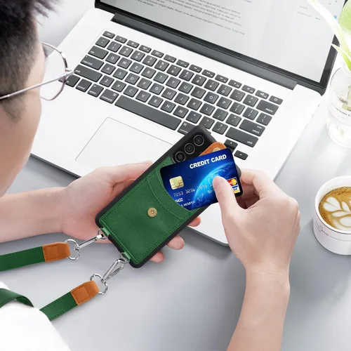 Vista 2 de kwmobile Funda cruzada compatible con Samsung Galaxy A52 / A52 5G / A52s 5G - Funda con ranuras para tarjetas de piel sintética, color verde pixie