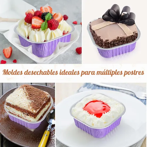 Vista 5 de 50 tazas de papel de aluminio para hornear con tapas, moldes cuadrados de 10 onzas para hornear, moldes desechables con tapas para flans Púrpura
