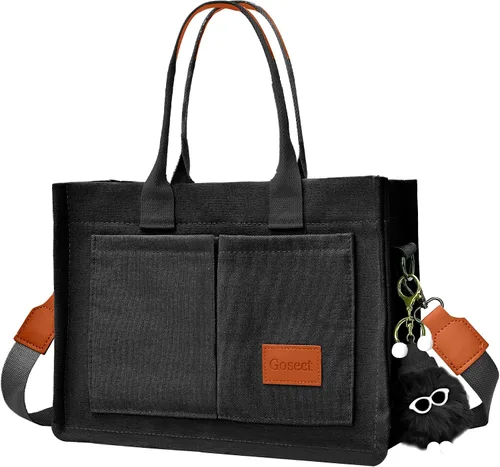 Vista 19 de Bolso de lona para mujer con bolsillos, bolso cruzado para portátil de trabajo, bolso de hombro para todo lo demás, bolso de lona para todos