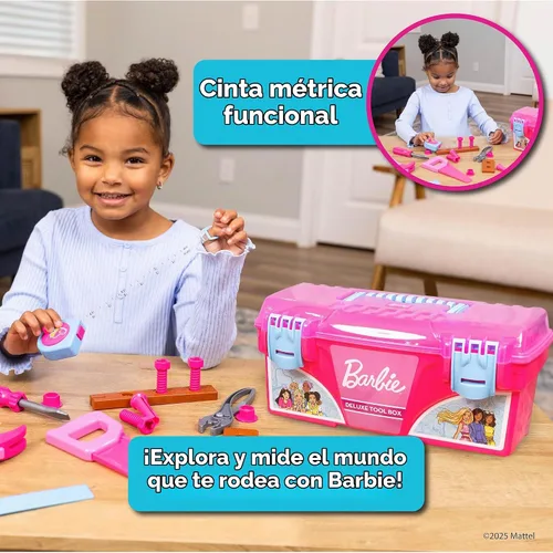 Vista 5 de Juego de caja de herramientas Barbie – Juego de herramientas de lujo de 18 piezas, herramientas de construcción de juego de simulación con cinta