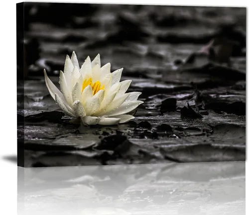 Vista 7 de GLOKAKA Arte de pared de flor de loto blanco zen, loto blanco y negro en piedra de spa y agua, lienzo impreso para yoga, meditación, sala de baño