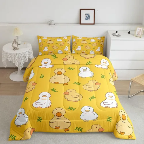 Vista 28 de Erosebridal Juego de ropa de cama a cuadros azul para niños, juego de cama individual con diseño de patos amarillos de dibujos animados, juego