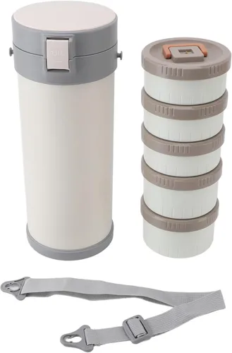 Vista 6 de Caja de acero inoxidable aislada, tarro de alimentos aislado de acero inoxidable de 5 capas apilable con correa a prueba de fugas para microondas