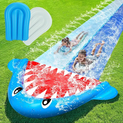 Vista 10 de TOY Life Toboganes acuáticos gigantes de bandera estadounidense para niños, tobogán acuático de 20 pies, patio trasero con 2 tablas de bodyboard, 2