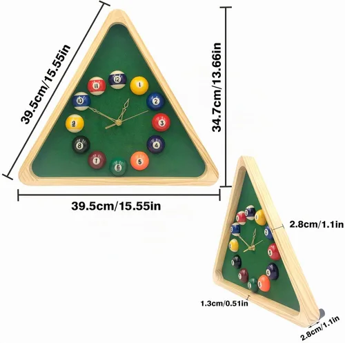 Vista 5 de Yuanhe Reloj de Bolas de Billar – Reloj de Pared Triangular de Mesa de Billar Genial de 14 Pulgadas con Marco de Madera Maciza, Ideal para Sala