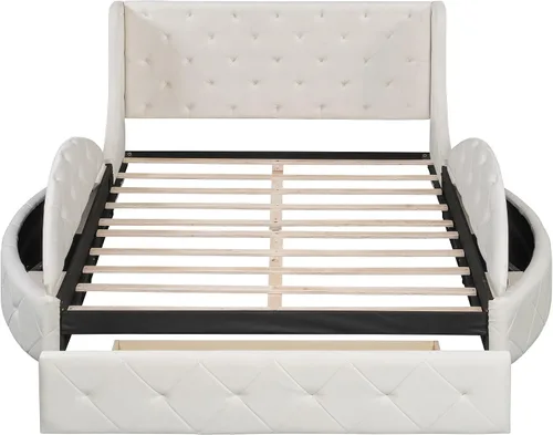 Vista 6 de Bellemave Cama de plataforma tapizada de terciopelo con almacenamiento, marco de cama tamaño Queen con cabecero, 1 cajón grande y 2 taburetes