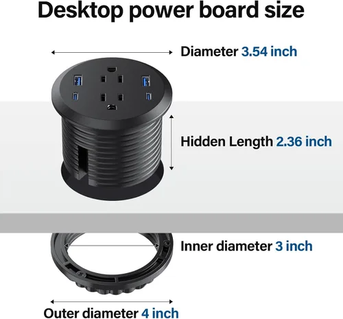 Vista 6 de Ojal de alimentación de escritorio, estación de carga rápida USB C de 65 W, 2 salidas de CA, 4 puertos USB en la parte superior de tu escritorio
