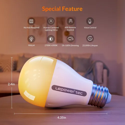 Vista 8 de LEPOWER-TEC Bombillas inteligentes, bombilla inteligente compatible solo con Alexa/Google Assistant, bombillas LED regulables BT/2.4G WiFi, 900LM