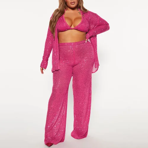 Vista 4 de Conjunto sexy de tres piezas con lentejuelas y manga larga para mujer, diseño de club nocturno y lentejuelas para mujer, conjunto pequeño