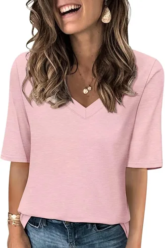 Vista 20 de Minetom Camisetas de verano básicas de media manga con cuello en V para mujer