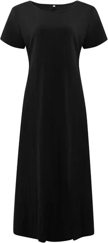 Vista 2 de Vestido casual de verano para mujer, de manga corta, cuello redondo, con bolsillos, holgado, de algodón y lino