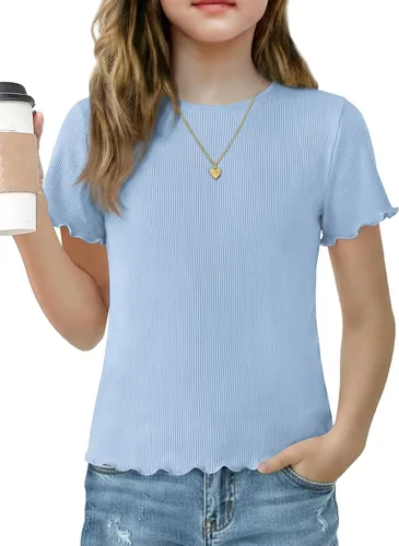 Vista 14 de Arshiner Camisas de manga corta con ribete de lechuga para niñas, camisetas de verano acanaladas con cuello redondo Blanco