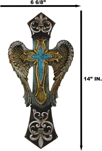 Vista 2 de Ebros Gift Rústico Southwest Fleur De Lis Silver Scroll Angel Wings Turquesa Piedra Cruz Decoración Placa de 14 pulgadas de alto Cristiano