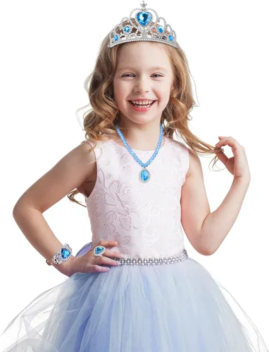Vista 2 de Cocojeci Accesorios de fiesta de disfraces de princesa para disfraz de princesa, guantes de disfraz de tiara, collar, aretes, pulsera y anillo Azul