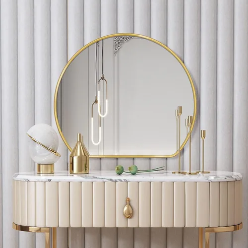Vista 7 de Espejo de escritorio independiente semicircular, espejo de maquillaje, espejo de baño con marco, elegante marco de aluminio cepillado, espejo