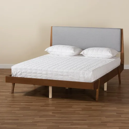 Vista 9 de Baxton Studio Senna Mid-Century - Cama de plataforma tapizada de tela gris moderna y acabado marrón nogal, tamaño King
