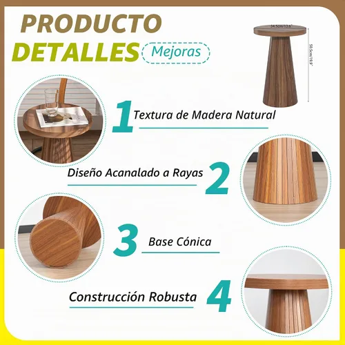 Vista 4 de Pequeña mesa auxiliar redonda con pedestal, mesa auxiliar de madera para sala de estar, mesa de bebidas acanalada para espacios pequeños, mesa Nogal