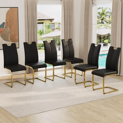 Vista 10 de Juego de sillas de comedor modernas (2 unidades) de piel sintética PU con respaldo alto tapizadas con patas doradas de metal para cocina y comedor