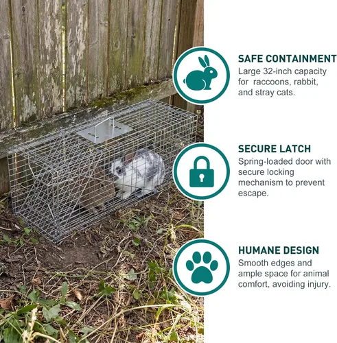 Vista 5 de 33-Inch Humane Live Cat Trap Cage, Foldable Animal Trap with Pedal Trigger