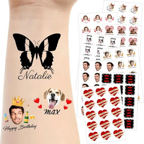 Vista 22 de Tatuajes temporales personalizados para la cara, tatuajes faciales personalizados con nombre de foto, logotipo, texto, calcomanía de tatuaje falsa