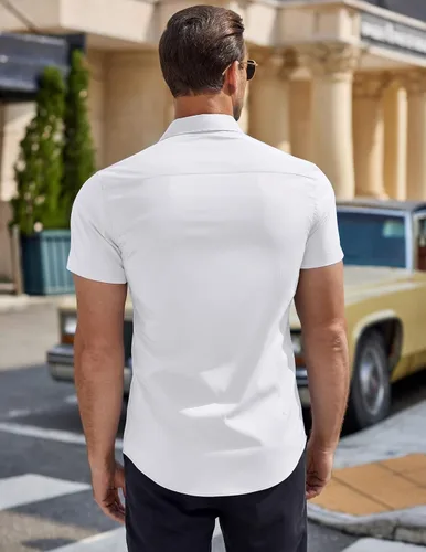 Vista 7 de COOFANDY Camisa de vestir de manga corta con botones y bolsillo para hombre
