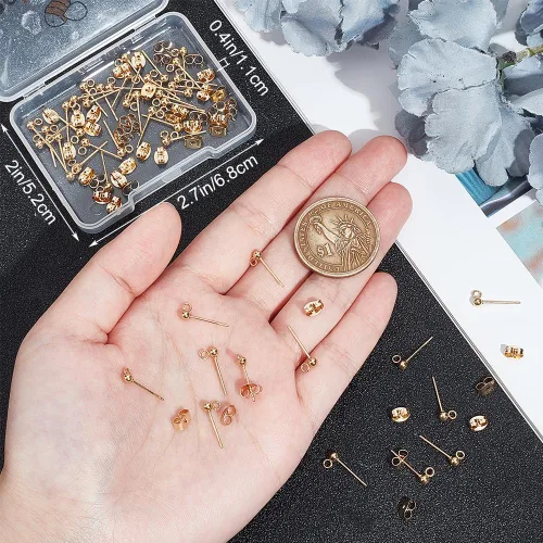 Vista 3 de Beebeecraft 50 aretes de bola de 0.118 pulgadas chapados en oro de 24 quilates de acero inoxidable con bucle, 50 piezas de respaldo, fabricación